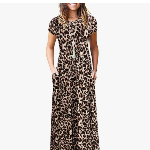 Auselily Women Maxi Dress Leopard Short Sleeve (Halloween Cat Ears Included) - Picture 6 of 6
